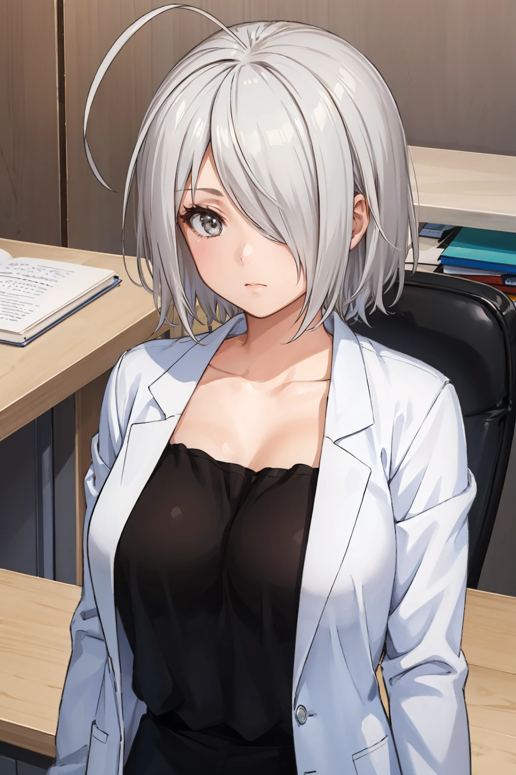 masterpiece, best quality, <lora:tachibanachizuru-nvwls-v1-000009:0.9> tachibana chizuru, silver hair, ahoge, hair over one eye, collarbone, black camisole, (cleavage:0.4), labcoat, upper body, looking at viewer, office, chair, desk, large breasts, expressionless,
