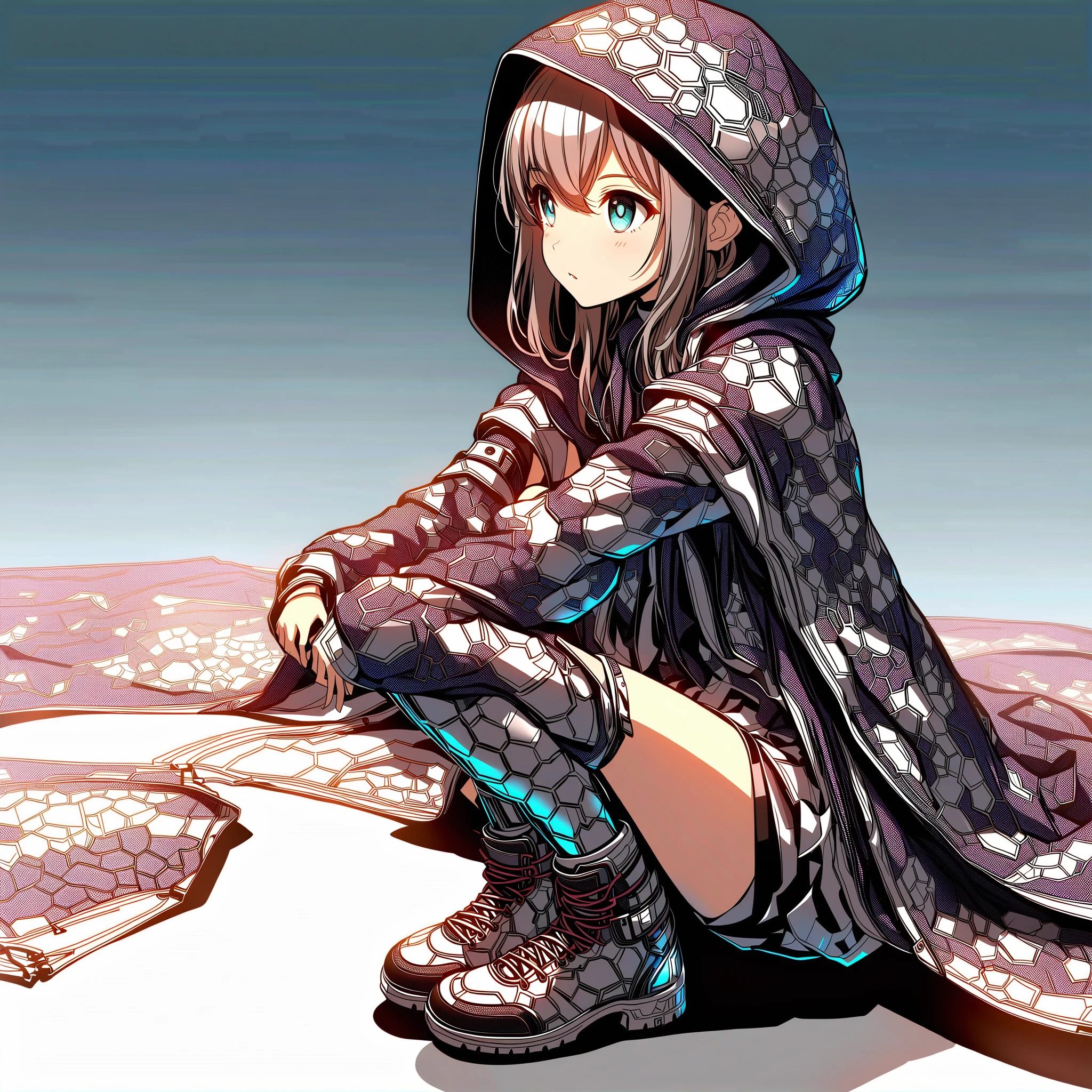 Create a vivid anime image of a vivid young anime girl. Her hair, eyes and skin should be light grey. She is wearing a white thick baggy long armored hooded robe with white ribbon, scarf and long boots.
1girl, solo, (hood up:1.5), metalhoneycomb, <lora:metalhoneycomb_xl_v1:1>
