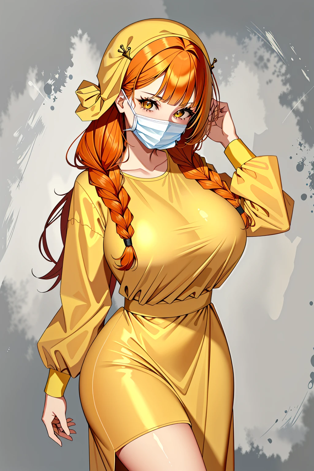 ((masterpiece, best quality, high quality)),1girl, <lora:Lydia Granger:0.7> (lydia granger, oc 07, 1girl, long hair, large breasts, yellow_eyes, red_hair, swept bangs, crown braid), <lora:Surgeon Outfit v2:1> (surgical_uniform, mask, long sleeves, surgical mask,long dress, latex gloves, surgical cap over hair),