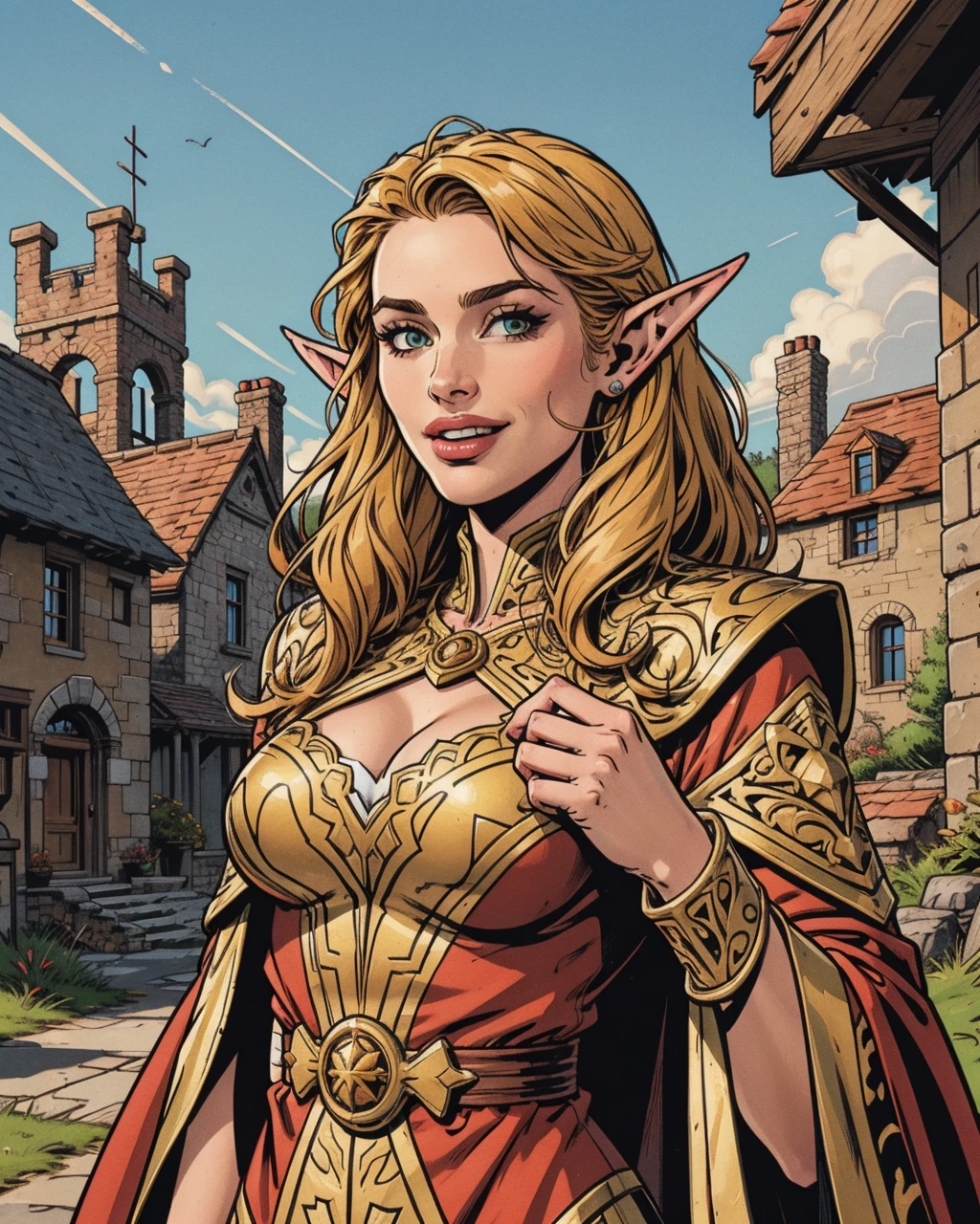 comic artwork of a female elf mage, smiling, happy, big pointy ears, blonde, long hair, ornate robes, formal wizard attire, tabard, elf village background, epic, dynamic shadows, cinematic lighting, daylight, warm summer day, <lora:detail_slider_v4:1.25>, <lora:colorify:0.5>, upper body, crosshatching, 2D, Sharp, Detailed, HD, HDR, High Quality, High Resolution, Masterpiece