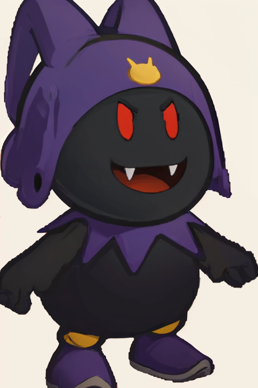 masterpiece, best quality, solo, looking at viewer, <lora:PM-TTYD-SpritesV2_Fp_1:0.7>, simple background, full body, chibi, black eyes, solid oval eyes, outline, <lora:Black-Frost_Fp:1>, blackfrost, (no humans:1.3), pokemon \(creature\), standing, black skin,