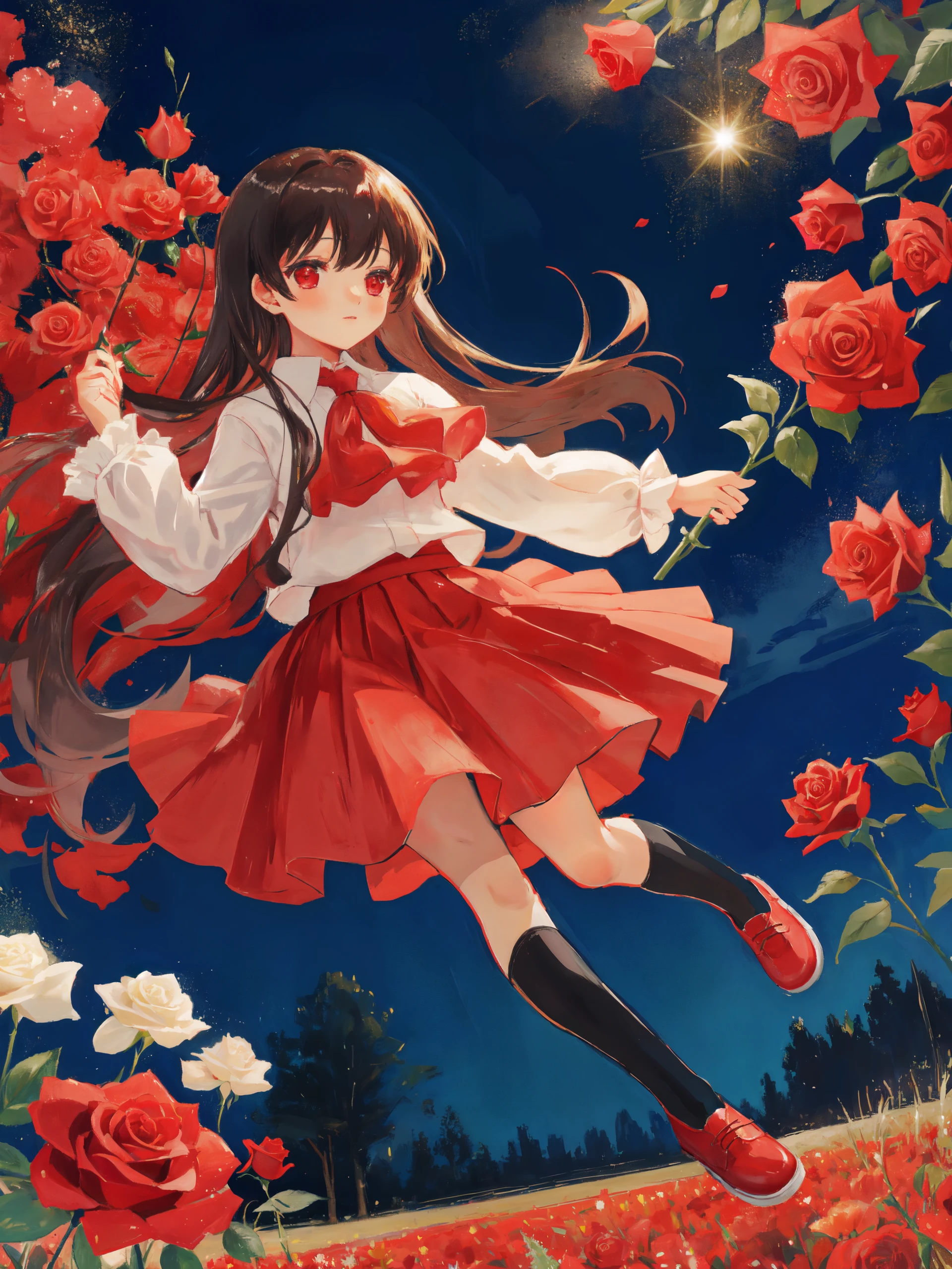 <lora:Ib2:0.8> Ib, 1girl, white shirt red skirt, black legwear, red shoes, full body, outdoors, flower field, rose, night, dynamic pose, looking at viewer,