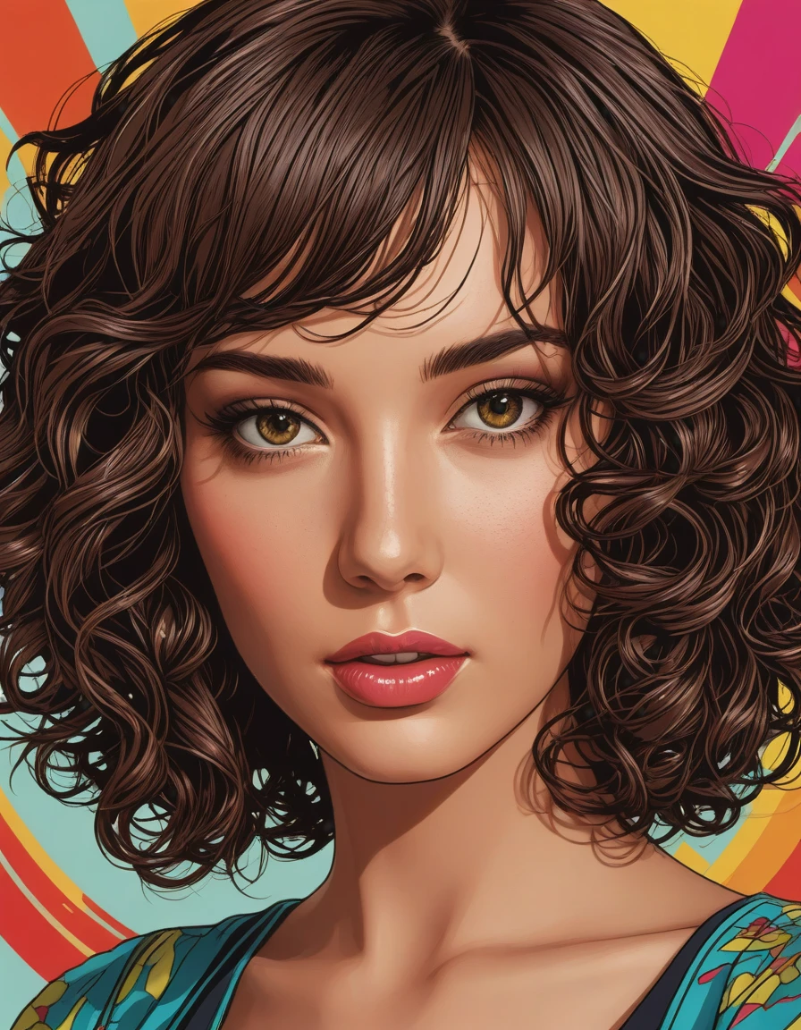 attractive, pop art <lora:dare_attractive_pop_art:0.8> BREAK Candice from USA, (short-cut:1.2) curly chocolate hair, fallen satellite, twisted metal, electronic glitches, lost connections