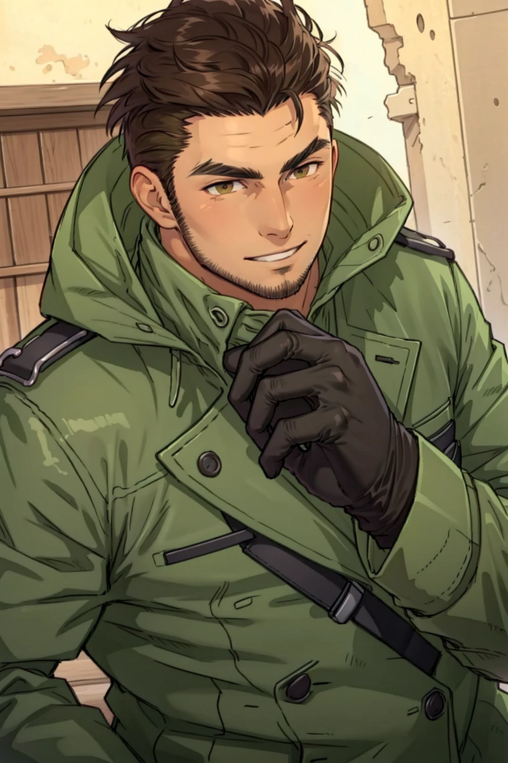 (1 image only),  (solo male),  1boy,  Sadik Adnan,  Turkey,  Hetalia: Axis Powers,  Turkish male,  olive-skinned,  facial hair,  chinstrap stubble,  sideburns,  shaved philtrum,  hairless philtrum,  brown eyes,  thick dark eyebrows,  brown hair,  short hair,  long green military trench coat with green hood,  brown pants,  knee-high boots,  black gloves,  grin,  handsome,  mature,  charming,  alluring,  upper body,  perfect anatomy,  perfect proportions,  8k,  HQ,  (best quality:1.2,  masterpiece:1.3),  high_resolution,  perfect eye pupil,  dutch angle,  perfecteyes,  Hagia sophia loction,  building,  2d,  flat,  cartoon,  (Hands:1.1),  better_hands,<lora:EMS-3262-EMS:0.500000>,<lora:EMS-287390-EMS:0.600000>