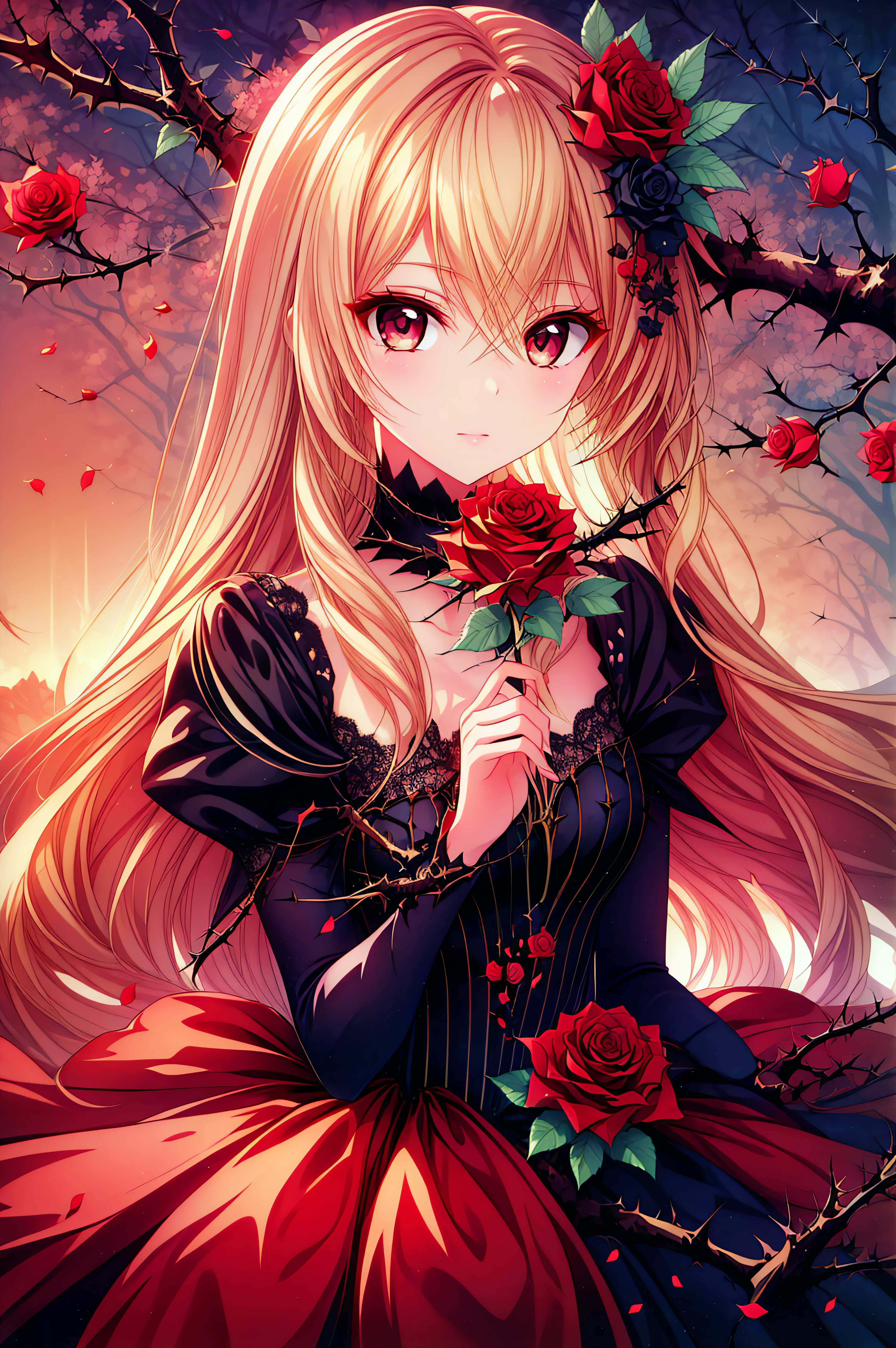 (masterpiece, best quality), <lora:mashiro shiina-lora-Faxtron:0.4> mashiro shiina, caramel-colored eyes, blonde hair, long hair, hair between eyes, long eyelashes, <lora:edgThornDress:0.8> edgThorn,  thorns and roses, wearing edgThorn_dress, 
<lora:add_detail:0.8>,