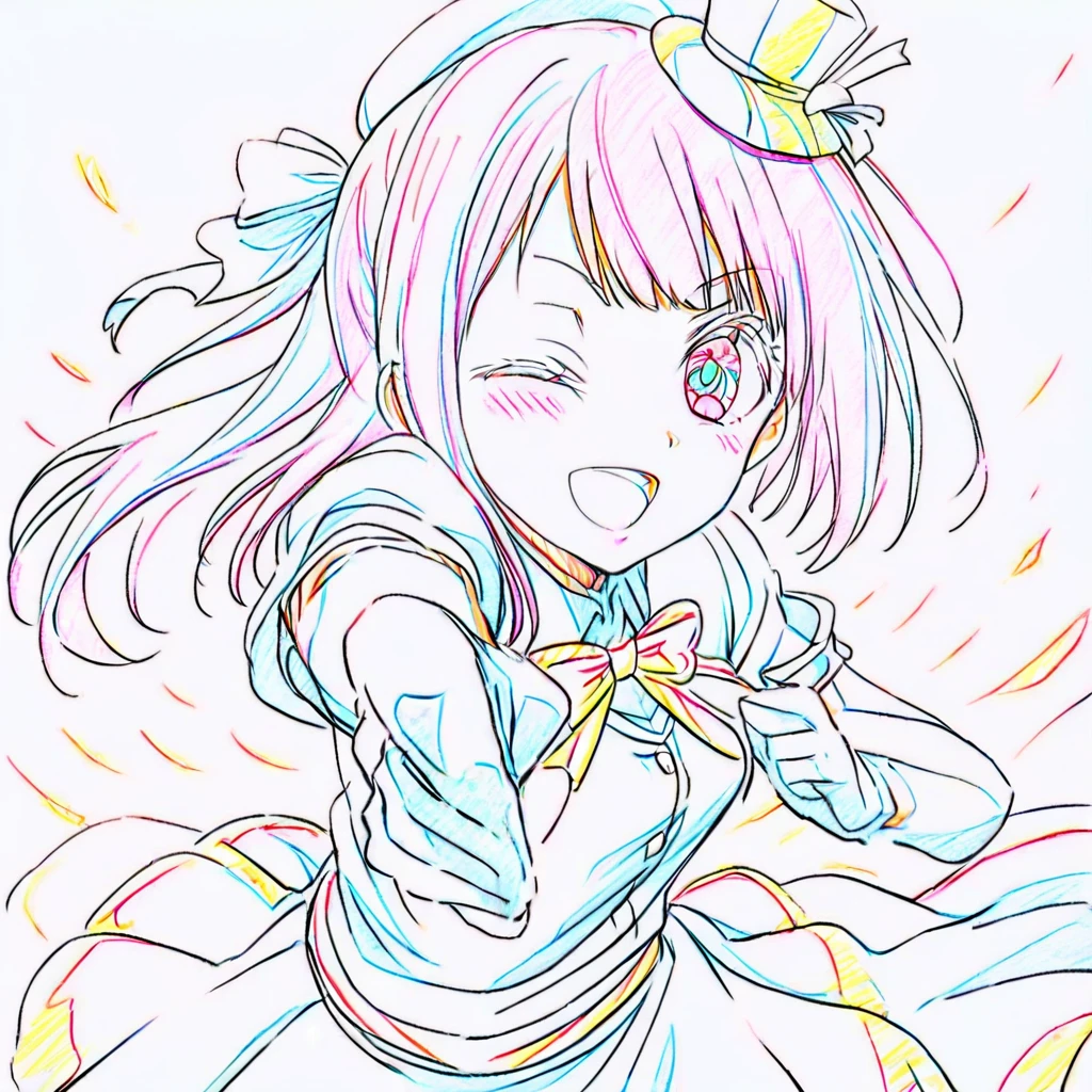 <lora:AnimeOriginalArtStyleColorTrace_SDXL-000200:1>color trace, white background,simple background,1girl, arima kana, oshi no ko, solo, idol, idol clothes, one eye closed, shirt, skirt, black headwear, gloves, stage light, singing, open mouth, crowd, smile, pointing at viewer,,, masterpiece,best quality,