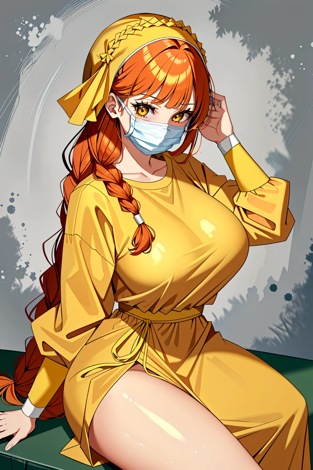 ((masterpiece, best quality, high quality)),1girl, <lora:Lydia Granger:0.7> (lydia granger, oc 07, 1girl, long hair, large breasts, yellow_eyes, red_hair, swept bangs, crown braid), <lora:Surgeon Outfit v2:1> (surgical_uniform, mask, long sleeves, surgical mask,long dress, latex gloves, surgical cap over hair),