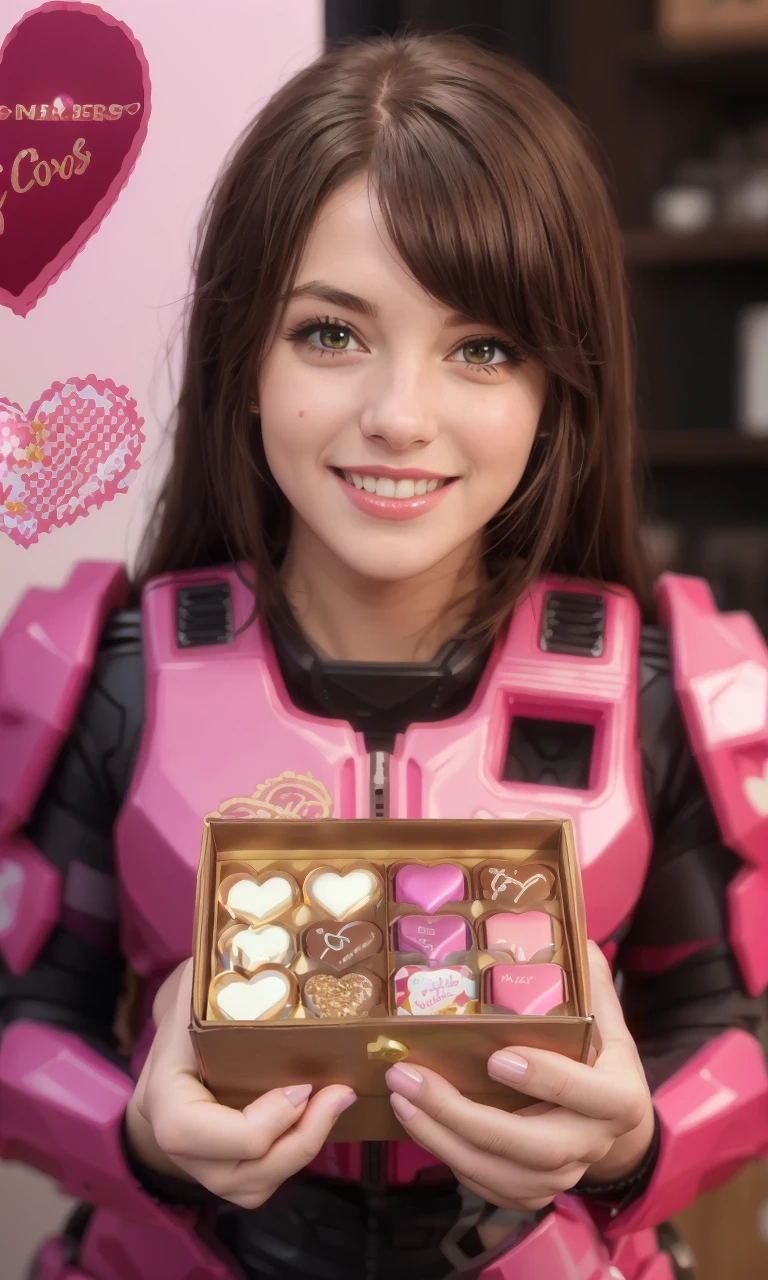 TheLoveChief2024, 1girl, brown hair, beautifulbest quality, armor,master chief, full body, pov, holding box of chocolates, heart-shaped box, valentine,