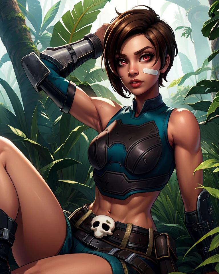 Kinessa,short brown hair,red eyes,
sitting,
bandaid on face,midriff,belt with skull ornament,crop top,arm guards,toned,
jungle,
(insanely detailed,masterpiece, best quality),<lora:Kinessa:0.8>,