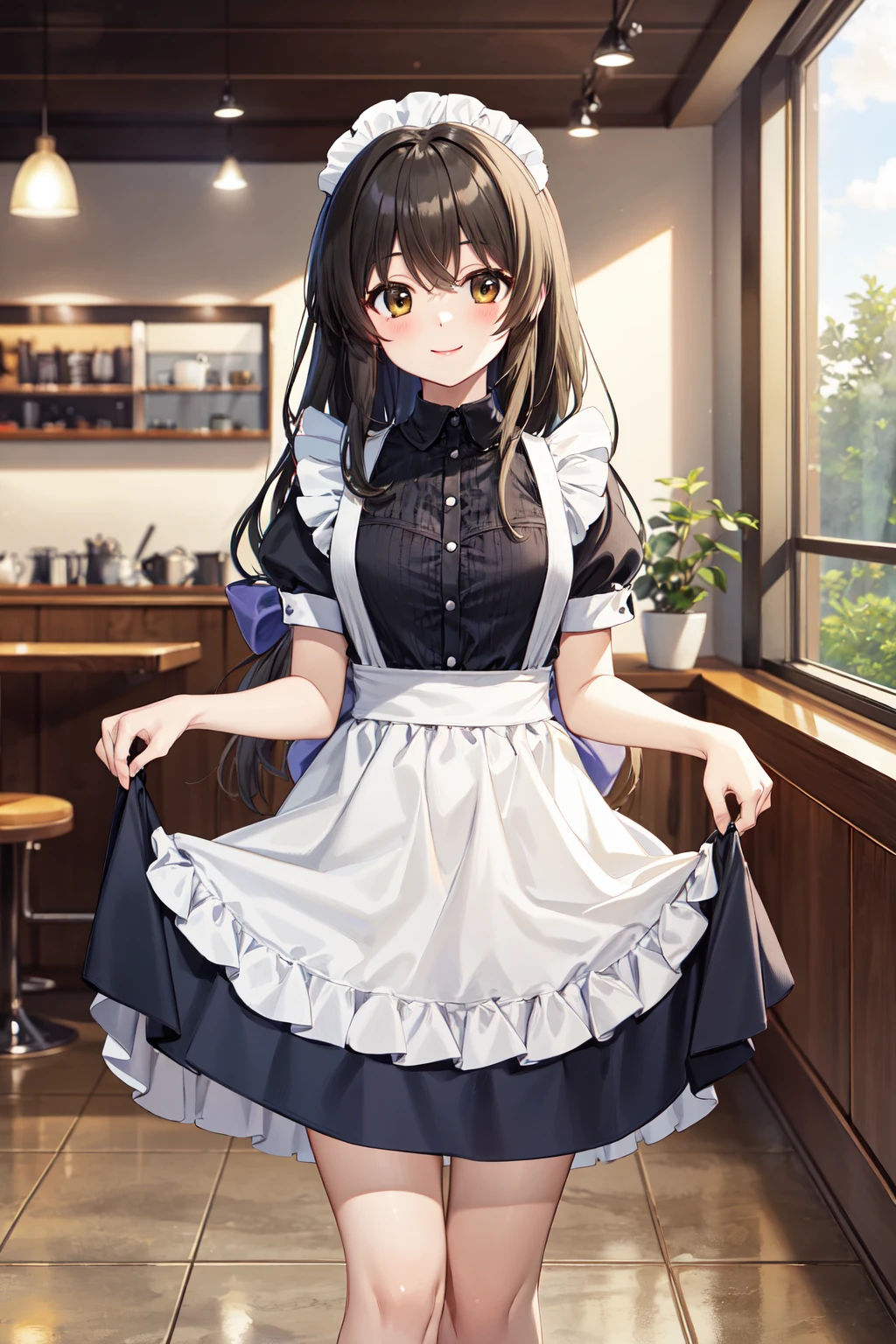 masterpiece,best quality,highres,ultra-detailed,ibuki fuuko,long hair,low-tied long hair,bangs,hair bow,<lora:ibuki_fuuko:0.7>,indoors,cafe,maid,maid headdress,apron,(skirt hold:1.2),standing,cowboy shot,smile,