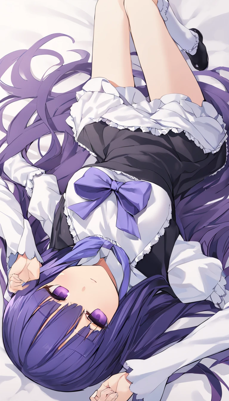 late, 1girl, solo, frederica bernkastel, purple eyes, purple hair, long hair, purple bow, dress, frills, white kneehighs, lying on back <lora:Bern9:1>