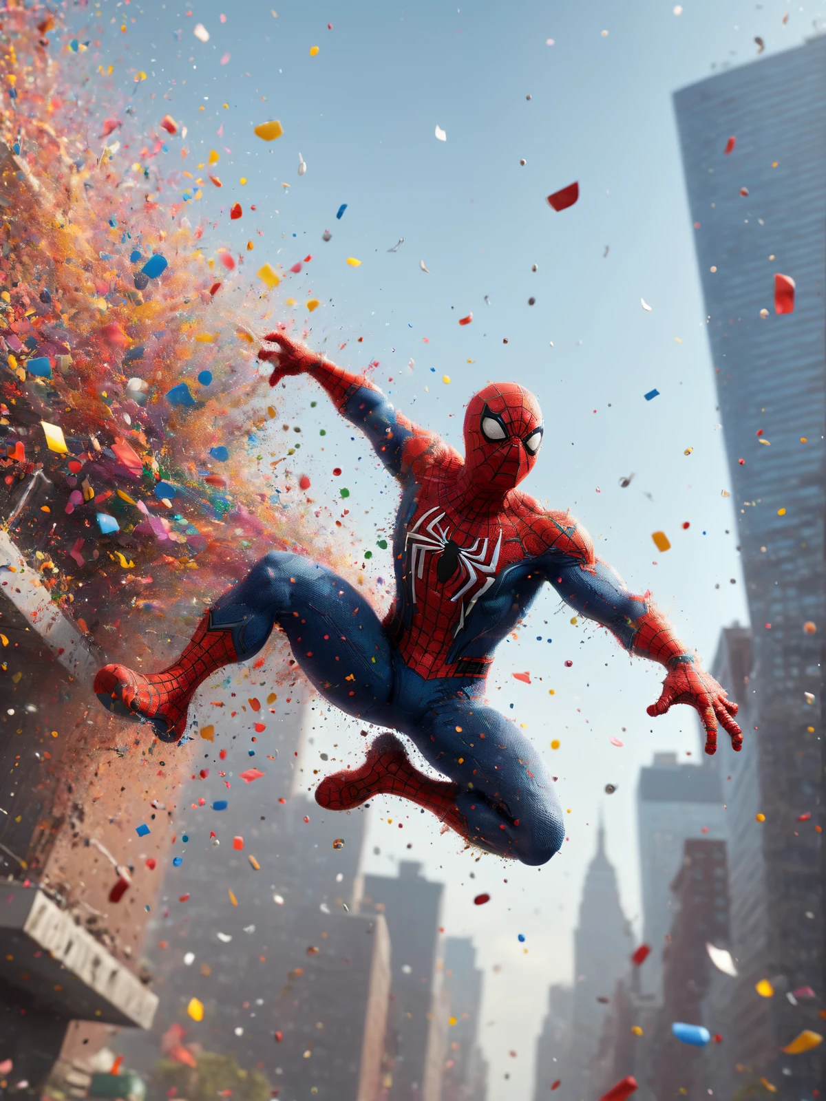 spiderman swinging through new york, highrise, mad-confetti-explosion <lora:Confetti_Explosion_SDXL:1>, (masterpiece:1.2), best quality, (hyperdetailed, highest detailed:1.2), high resolution textures