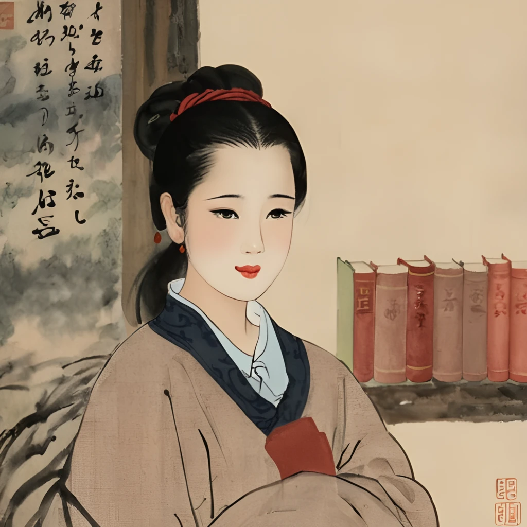 chinese ink painting girl wearing a sweater in a library