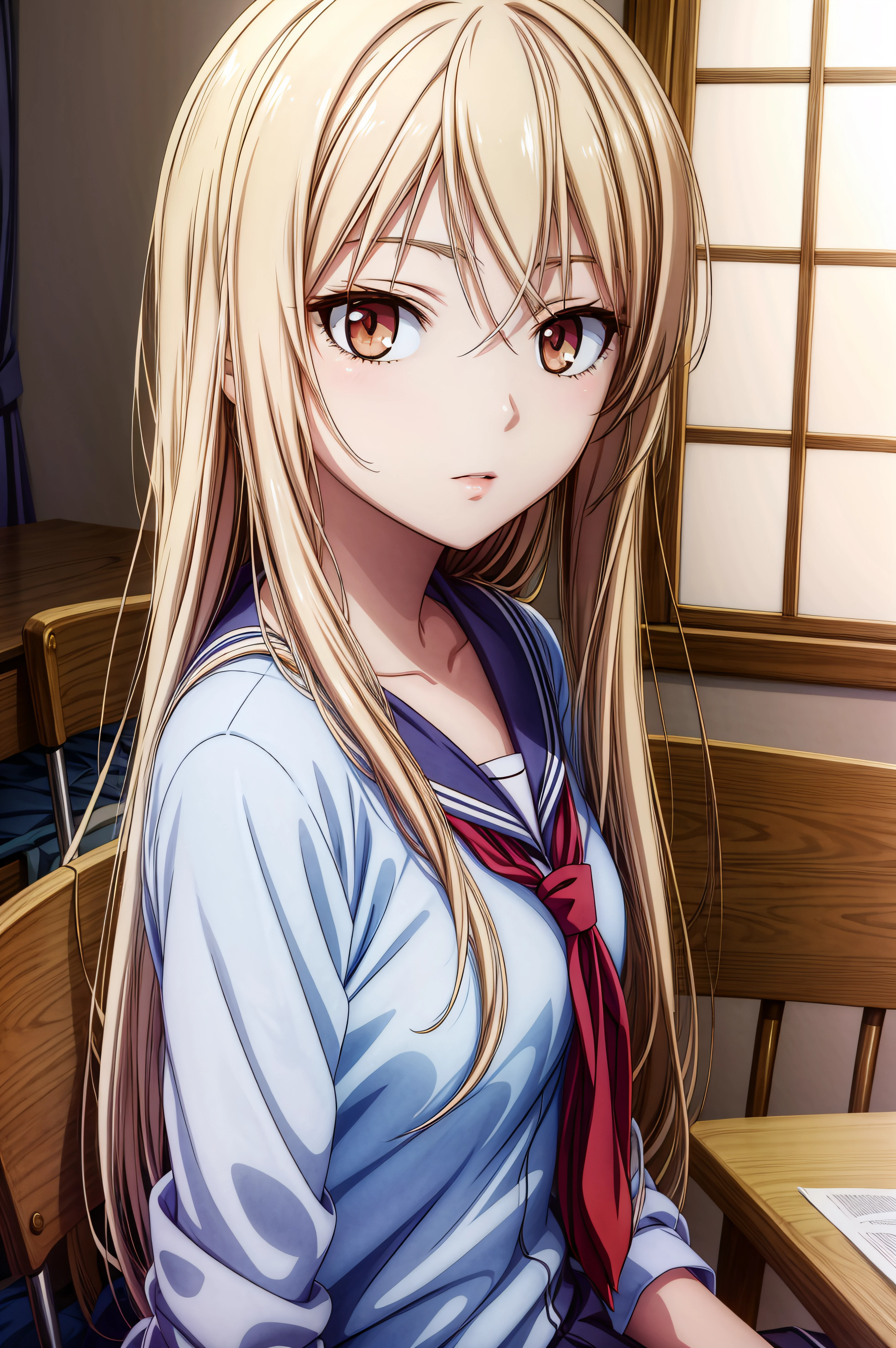 (masterpiece, best quality), <lora:mashiro shiina-lora-Faxtron:0.8> mashiro shiina, caramel-colored eyes, blonde hair, long hair, hair between eyes, long eyelashes, school uniform, 
<lora:add_detail:0.8>,