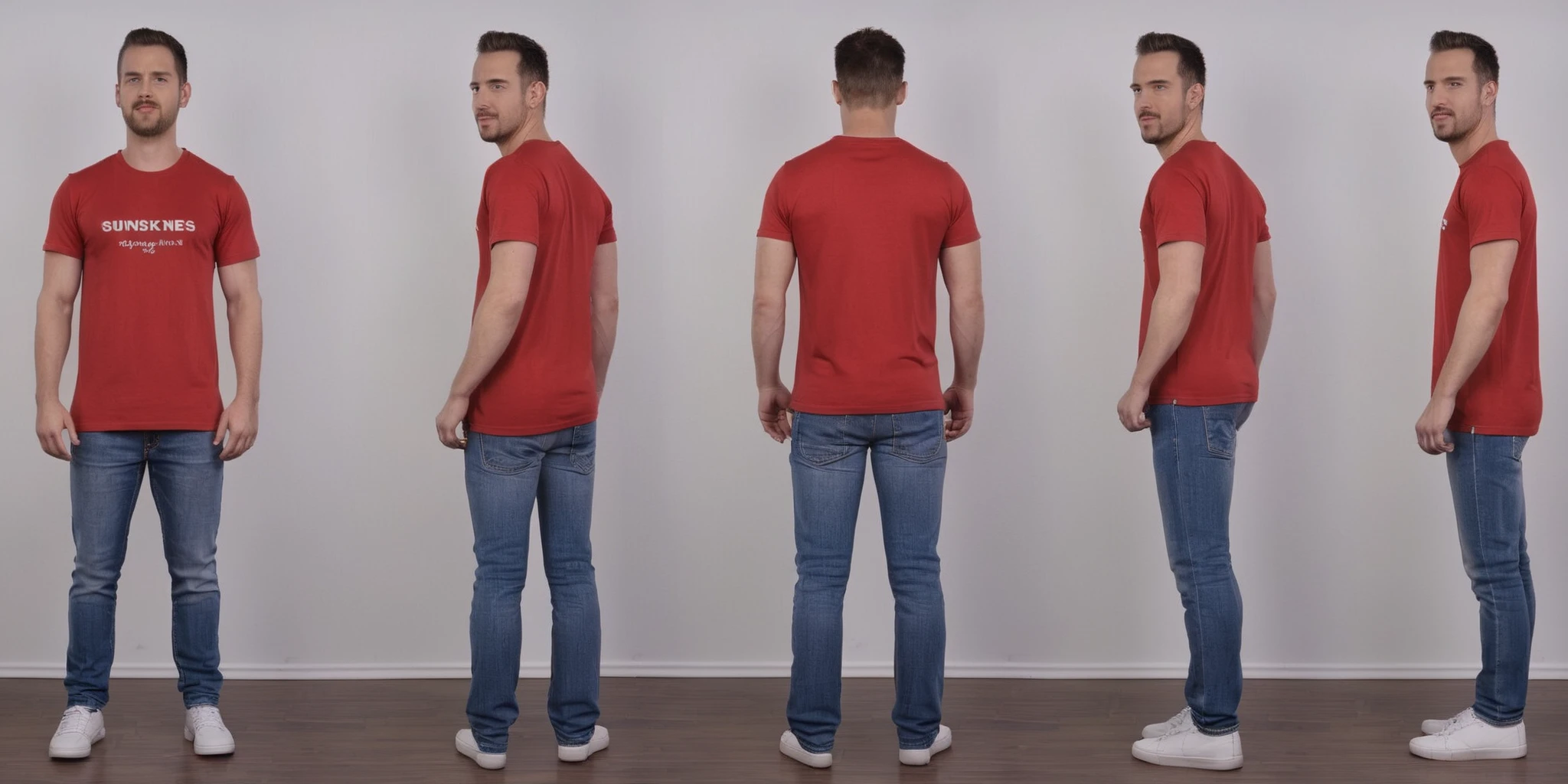 (sixviews:1.1), a man standing, wearing a red tshirt and jeans, <lora:sixviews_sdxl_v4:.8>