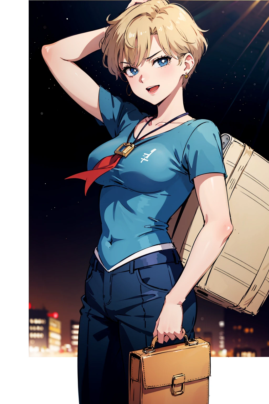 masterpiece, highres, absurdres, high quality,best quality, 1girl, solo, looking at viewer, looking at viewer, anime screencap,1990s \(style\), (art by Naoko Takeuchi), golden triangle, death valley, evening, index finger raised, laughing ,<lora:EPsmSailorUranus-09:1>, EPsmSailorUranus, short hair, blonde hair, blue eyes,
BREAK
mummy, brimstone pendant, luggage carrier