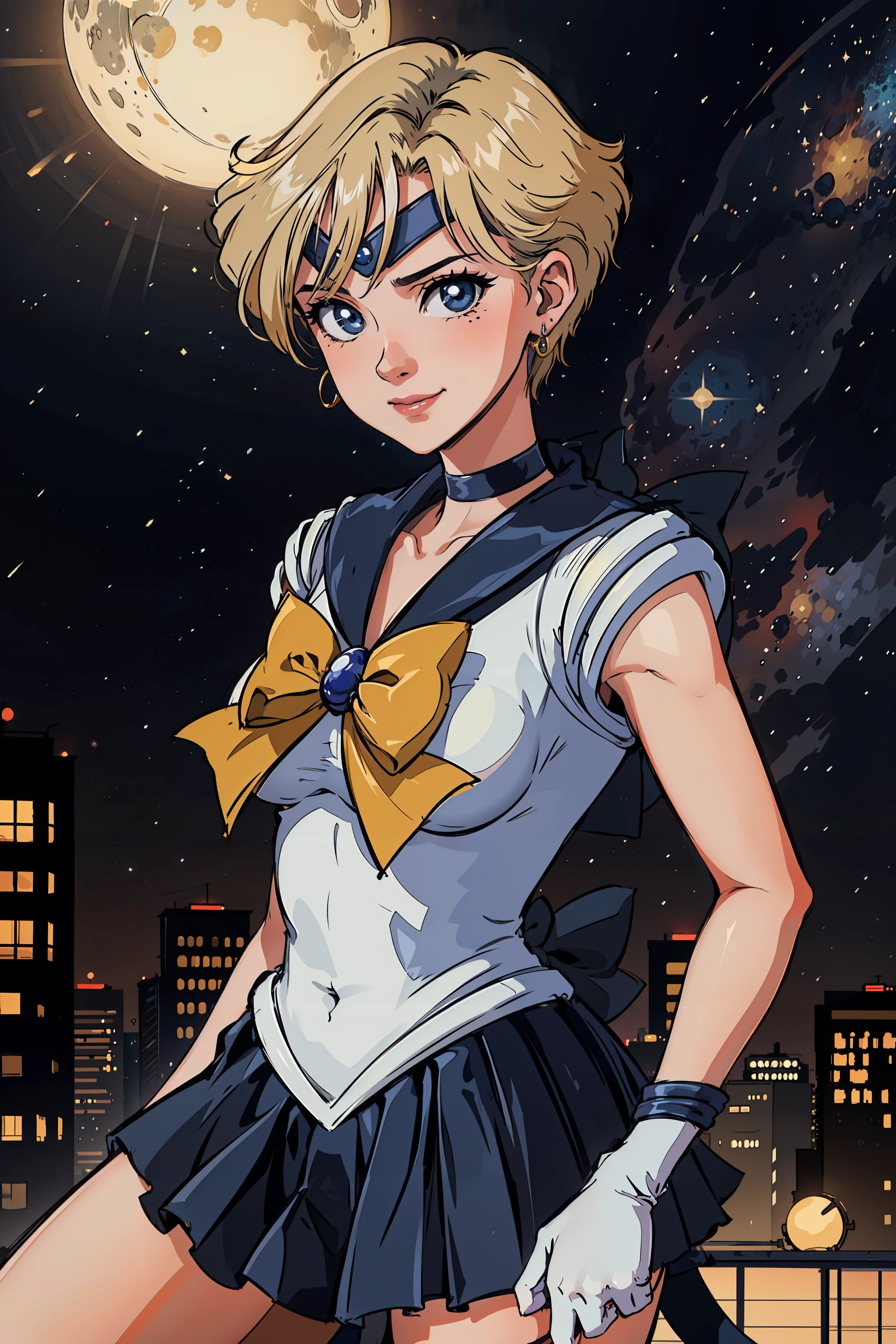 masterpiece, best quality, 1girl, solo, looking at viewer, looking at viewer, anime screencap,1990s \(style\), (art by Naoko Takeuchi), rooftop, city, cityscape, night sky, skyscraper ,<lora:EPsmSailorUranus-09:1>, EPsmSailorUranus, short hair, blonde hair, blue eyes, bishoujo senshi sailor moon, blue choker,  blue sailor collar, blue skirt, bow, choker, earrings, gloves, highres, jewelry, outer senshi, sailor collar, sailor senshi, skirt, smile, solo, very short hair, white gloves, yellow bow