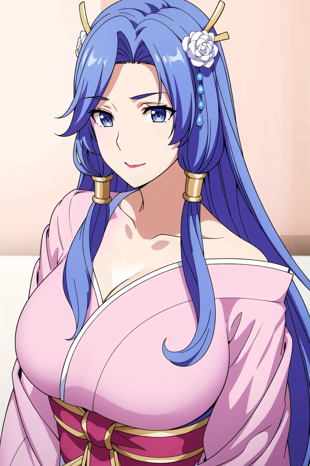 Simple Pink Background,
Pink kimono,rose print,japanese clothes,wide sleeves,long sleeves,Bare shoulders, collarbone, cleavage,
<lora:Excel_Walter_Realist-KK77-V1:0.7>,hair ornament,necklace, bracelet,gem,jewelry,
Blue eyes, Blue hair,bangs,Long hair,
<lora:Oda_Non_Style-KK77-V2:0.3>,<lora:more_details:0.1>,
1 girl, 20yo,Young female,Beautiful long legs,Beautiful body,
Beautiful Nose,Beautiful character design, perfect eyes, perfect face,expressive eyes,perfect balance,
looking at viewer,(Focus on her face),closed mouth, (innocent_big_eyes:1.0),(Light_Smile:0.3),
official art,extremely detailed CG unity 8k wallpaper, perfect lighting,Colorful, Bright_Front_face_Lighting,White skin,
(masterpiece:1.0),(best_quality:1.0), ultra high res,4K,ultra-detailed,
photography, 8K, HDR, highres, absurdres:1.2, Kodak portra 400, film grain, blurry background, bokeh:1.2, lens flare, (vibrant_color:1.2),professional photograph,
(Beautiful,large_Breasts:1.4), (beautiful_face:1.5),(narrow_waist),