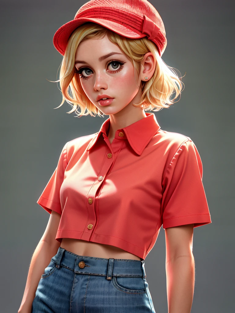 Realistic photo of a beautiful tw1ggy woman,1girl,solo,very short hair, blonde hair,simple background,shirt,short sleeves,pants,lips,red headwear,soft lighting, professional Photography, Photorealistic, detailed, RAW, analog, sharp focus, 8k, HD, high quality, masterpiece<lora:tw1ggy:1.0>