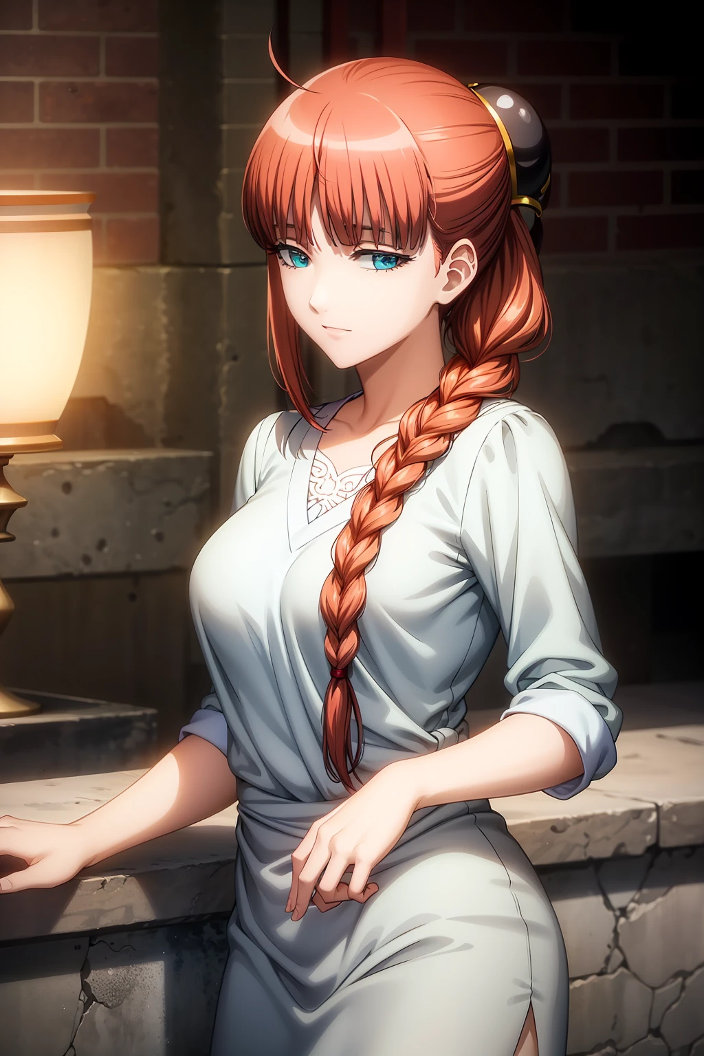 (extremely detailed CG unity 8k wallpaper), (masterpiece), (best quality), (ultra-detailed), (best illustration), (best shadow), (absurdres), 1girl, solo, pefrect face, perfect eyes, shining breasts, perky tits, vivid colors, cleavage, medium breasts, perky tits, full body, makima, long hair, smile, bangs, (yellow eyes:1.2), braid, red hair, braided ponytail, ringed eyes, cleavage, medium breasts, seductive smile,