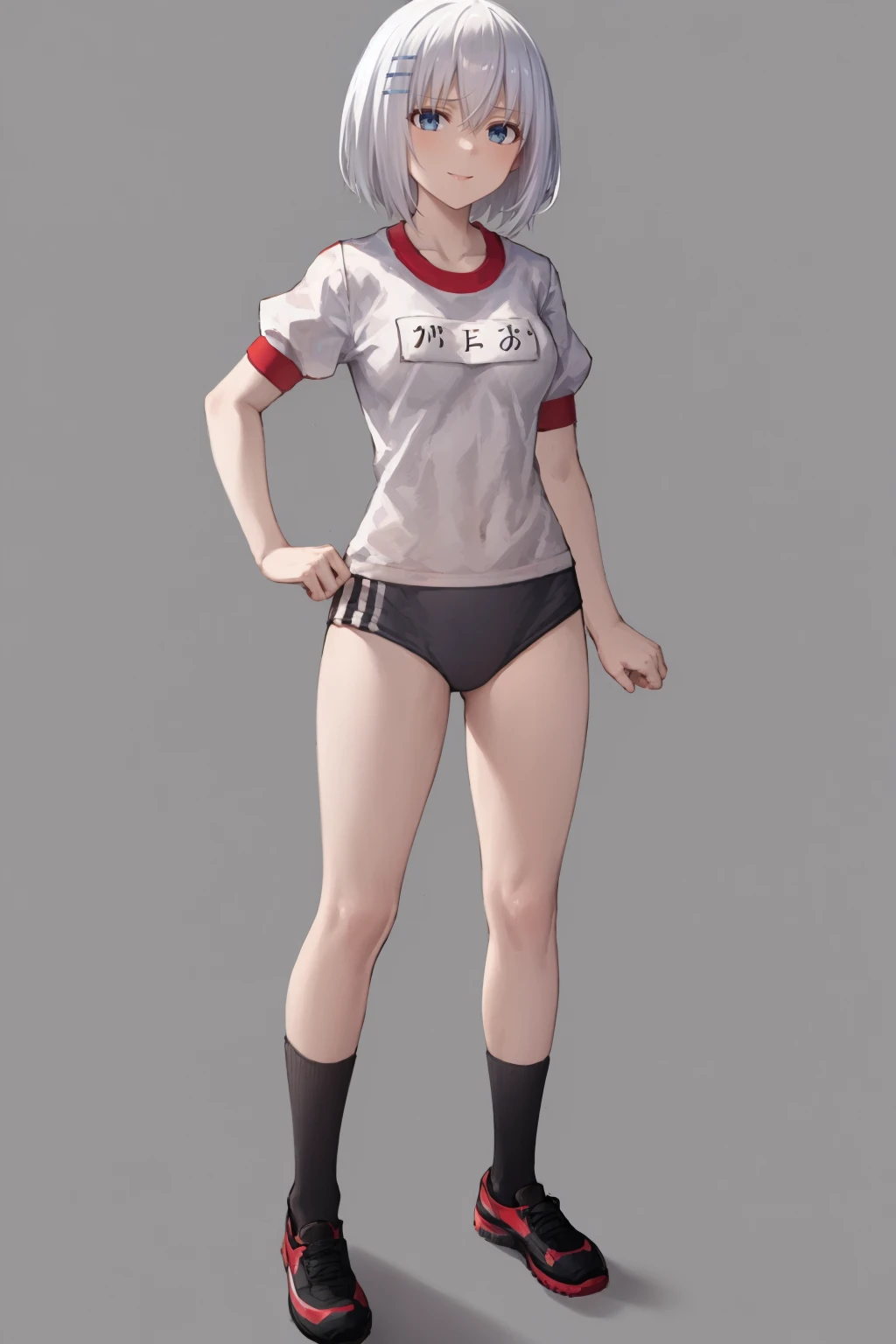 masterpiece, best quality,
1girl, tobiichi, white hair, hair between eyes, short hair, bangs, blue eyes,  hair ornament,
gym uniform, white shirt, black buruma, black socks, red shoes,
smile, full body, standing, solo, looking at viewer, simple background, solid grey background <lora:OrigamiTobiichi:1>
