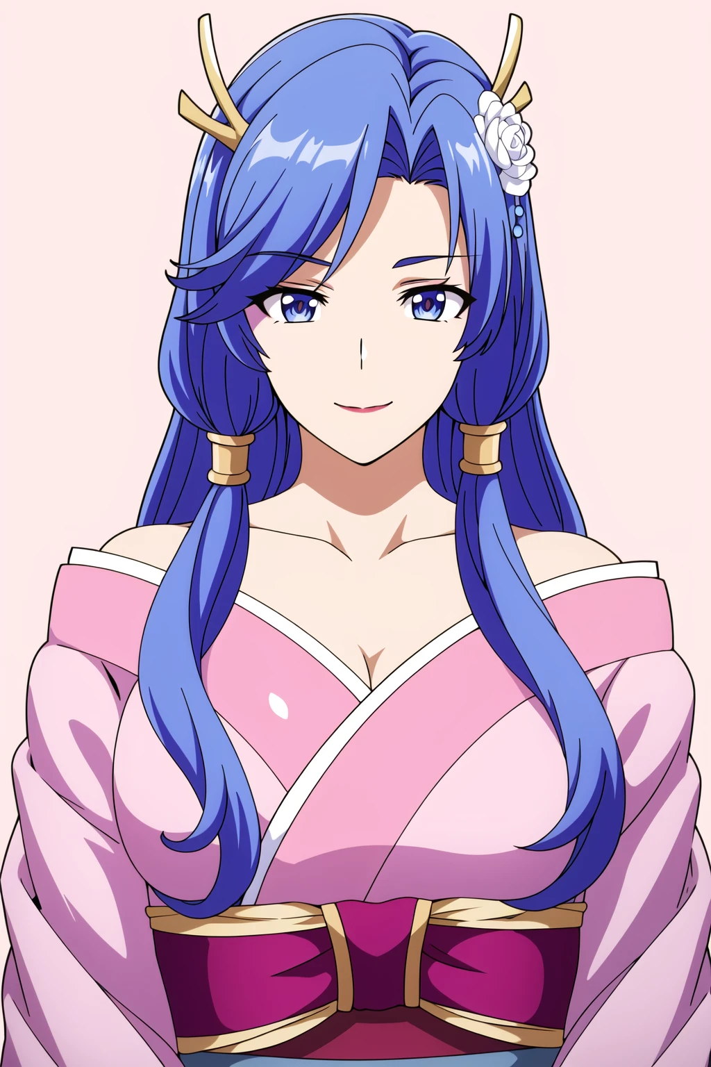 Simple Pink Background,
Pink kimono,rose print,japanese clothes,wide sleeves,long sleeves,off shoulder,
<lora:Excel_Walter_Realist-KK77-V1:0.7>,hair ornament,necklace, bracelet,gem,jewelry,
Blue eyes, Blue hair,bangs,Long hair,
<lora:Oda_Non_Style-KK77-V2:0.3>,<lora:more_details:0.1>,
1 girl, 20yo,Young female,Beautiful long legs,Beautiful body,
Beautiful Nose,Beautiful character design, perfect eyes, perfect face,expressive eyes,perfect balance,
looking at viewer,(Focus on her face),closed mouth, (innocent_big_eyes:1.0),(Light_Smile:0.3),
official art,extremely detailed CG unity 8k wallpaper, perfect lighting,Colorful, Bright_Front_face_Lighting,White skin,
(masterpiece:1.0),(best_quality:1.0), ultra high res,4K,ultra-detailed,
photography, 8K, HDR, highres, absurdres:1.2, Kodak portra 400, film grain, blurry background, bokeh:1.2, lens flare, (vibrant_color:1.2),professional photograph,
(Beautiful,large_Breasts:1.4), (beautiful_face:1.5),(narrow_waist),
