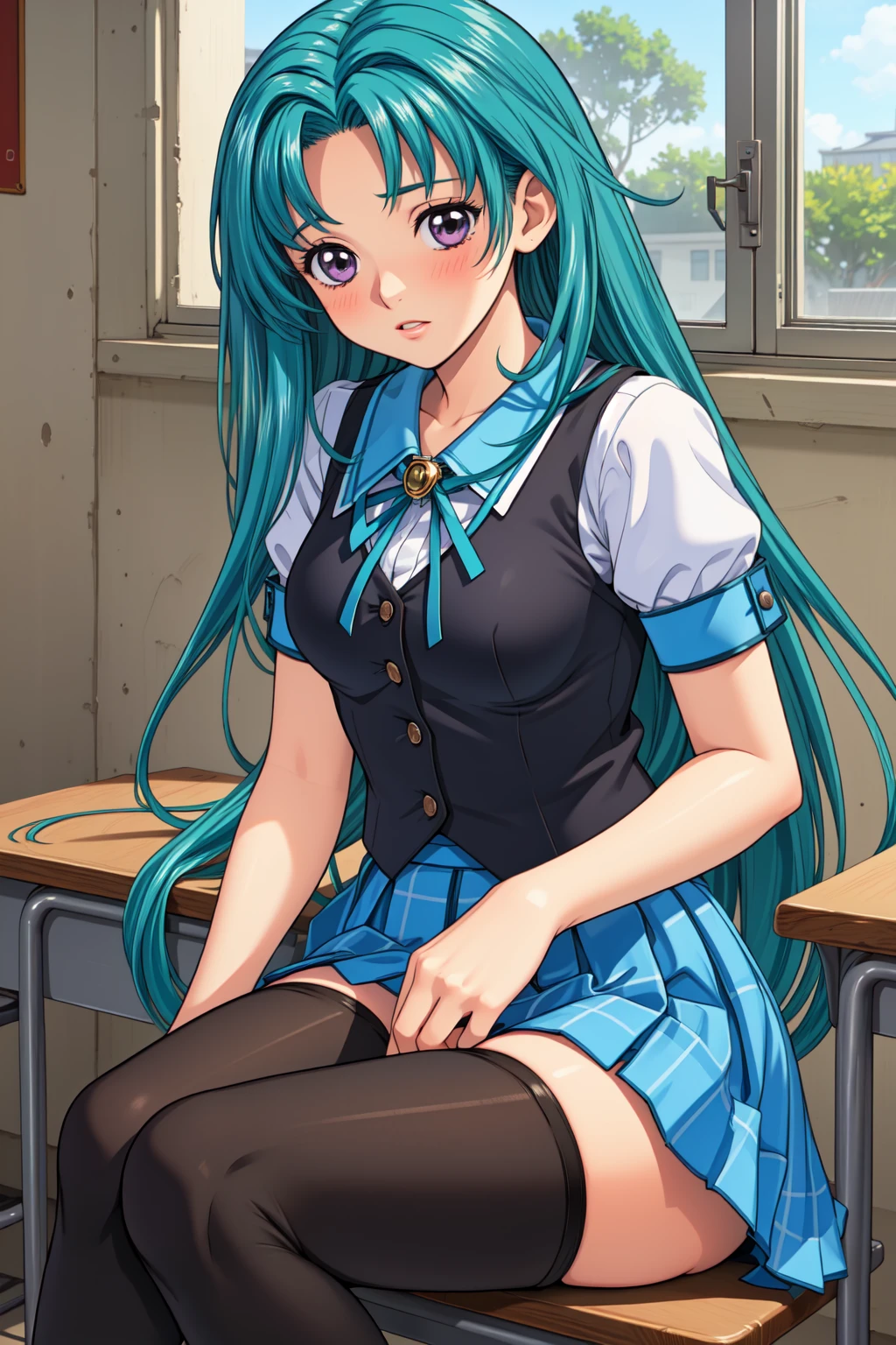 masterpiece, best quality, 1girl, solo, <lora:AkiyamaMiho_v1:0.75>, school classroom, sitting, school uniform, purple eyes, short sleeves, blue sleeve ends, (black vest:1.2), green ribbon, brooch, teal hair, (very long hair:1.5), blue skirt, pleated skirt, (plaid skirt:1.2), (black socks, thighhighs:1.2), uwabaki, zettai ryouiki,  blush,