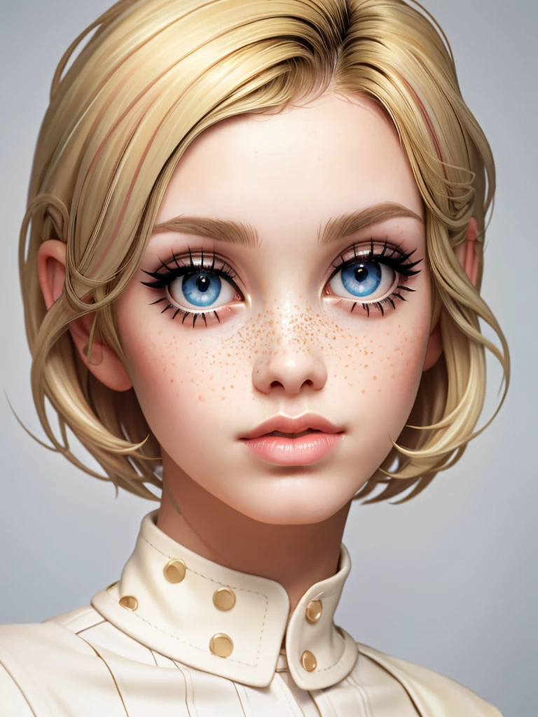 Realistic photo of a beautiful tw1ggy woman,1girl,solo,looking at viewer,(((blonde hair))),very short hair,blue eyes,simple background,closed mouth,grey background,lips,eyelashes,portrait,freckles,realistic,soft lighting, professional Photography, Photorealistic, detailed, RAW, analog, sharp focus, 8k, HD, high quality, masterpiece<lora:tw1ggy:1.0>