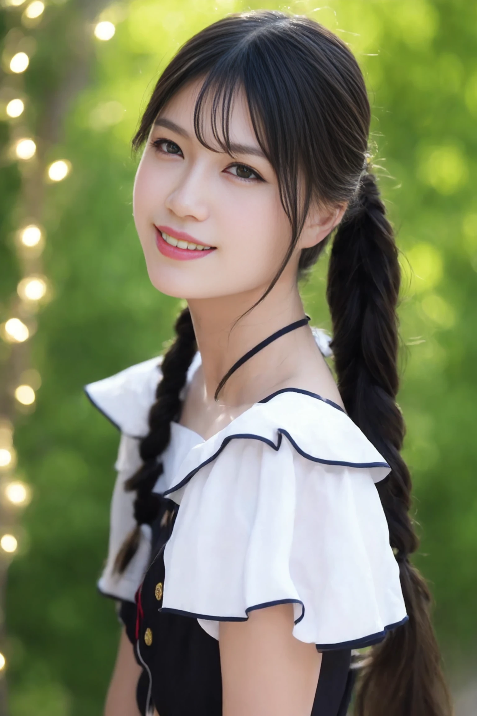 <lora:reika_shimizu_v01:0.9>,
(8k, RAW photo, best quality, masterpiece:1.2), (realistic, photo-realistic:1.37), omertosa,1girl, blurry background,city, sunlight,professional lighting, photon mapping, radiosity, physically-based rendering, backlight bokeh, blurry background, ((black choker)), red lips, student ,((lights shinning on the face))
head portrait
,
sunlight, ((outdoors)) ,((light shinning on the hair))
((t-shirt,millitary uniform,bare shoulders)),
((high twin-tail hair)), ((floating hair)), blue hair,wavy hair, glowing hair,
135mm lens,,big breast,red lips,smile,