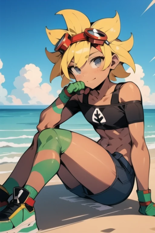 <lora:solarflare-06:1> solarflare, sitting on beach, sitting on the sand