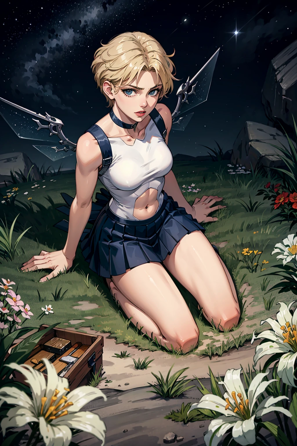 masterpiece, highres, absurdres, high quality,best quality, 1girl, solo, looking at viewer, fantastic scenery, outdoors, flower field, from above, full body,speaking, talking, kneeling,<lora:EPsmSailorUranus-09:0.7>, EPsmSailorUranus, short hair, blonde hair, blue eyes
BREAK
navel cutout, checked skirt, drawers, mini wings, full brogue