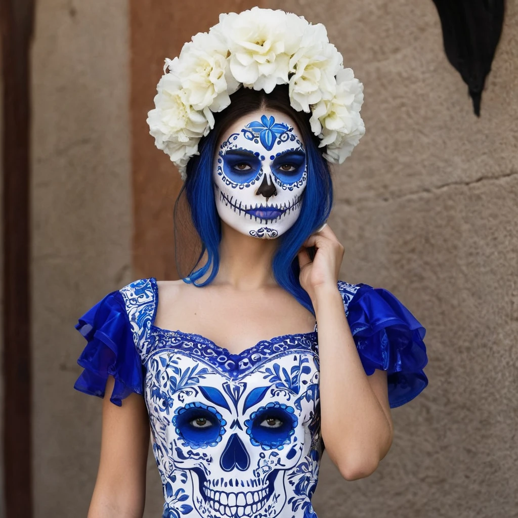  ((blue and white t1 skull makeup,mexican talavera dress)).flower crown:1,sexy