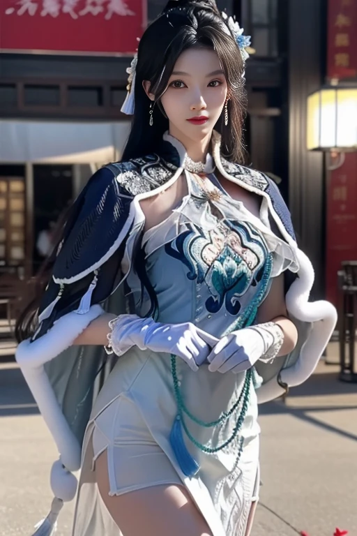 ltra-detailed,highly detailed,best quality,masterpiece,illustration,realistic,photorealistic,
guqinghan,cangyugezhu, 1girl, solo,
chinese clothes, china dress, gloves, fur trim, side slit, cape, shawl,
jewelry, earrings, tassel,
black hair, long hair, hair bun, hair ornament, hair flower,
looking at viewer, cowboy shot, standing,
outdoors, winter, snow, flower,
<lora:guqinghan cangyugezhu_v1_04:0.8>