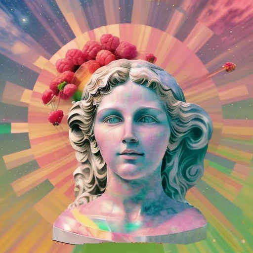 glitch style marble statue, floating through space, glitch art, (raspberry sun:1.2), best quality, professional, masterpiece, <lora:surreal_glitch_eagle_v1:1>