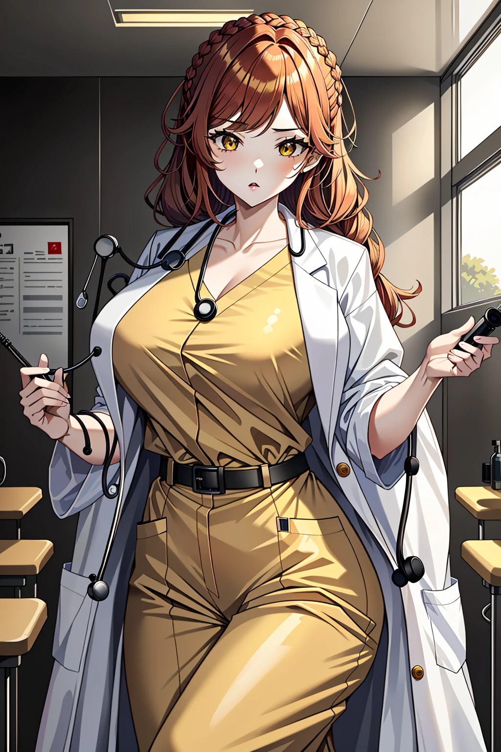 beautiful woman, wavy orange hair, green eyes, green casual futuristic outfit, big bust, green pants, inside a doctor room in space, high quality