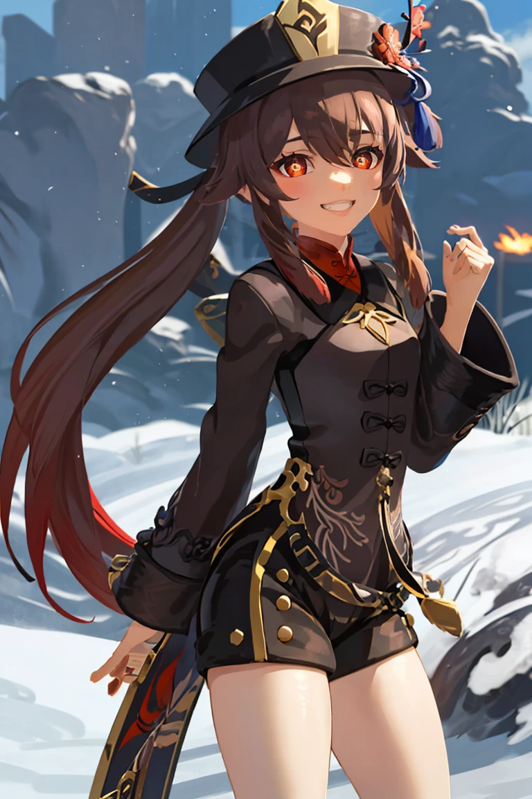 <lora:botw_style_offset:0.8>,((masterpiece,best quality)), absurdres, <lora:Hu_Tao_Genshin:0.8>,  Hu_Tao_Genshin, 1girl, solo, long hair, red eyes, brown eyes, flower-shaped pupils, twintails, hu tao \(genshin impact\), hat, long sleeves, hat flower, jewelry, chinese clothes, shorts, grin,  smile, looking at viewer, cowboy shot,