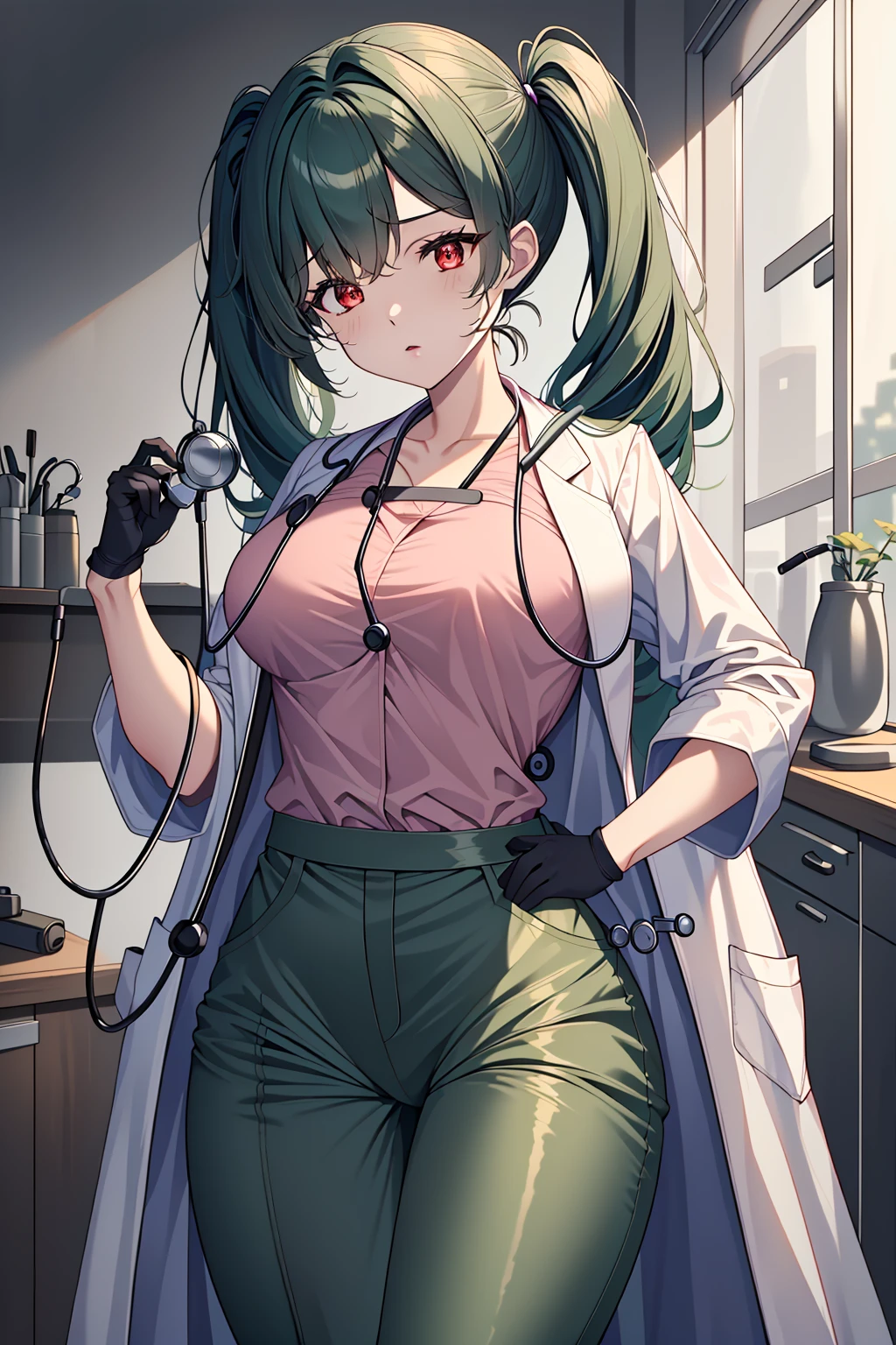 ((masterpiece, best quality, high quality)),1girl, <lora:Clare Sniders:0.7> (clare sniders, oc ch9, 1girl, hair ornament, red eyes, twintails, hairclip, swept bangs, hair over shoulder, dark green hair, medium hair, small breasts, sidelocks), <lora:Doctor Uniform V2:0.8> ((doctor_uniform, labcoat, stethoscope, doctor,lomg dress, gloves, surgical mask)), <lora:brwn_doctor_uniform:0.8> (bwn_doc_unif, blue gloves, pink shirt, labcoat, stethoscope,latex pants),