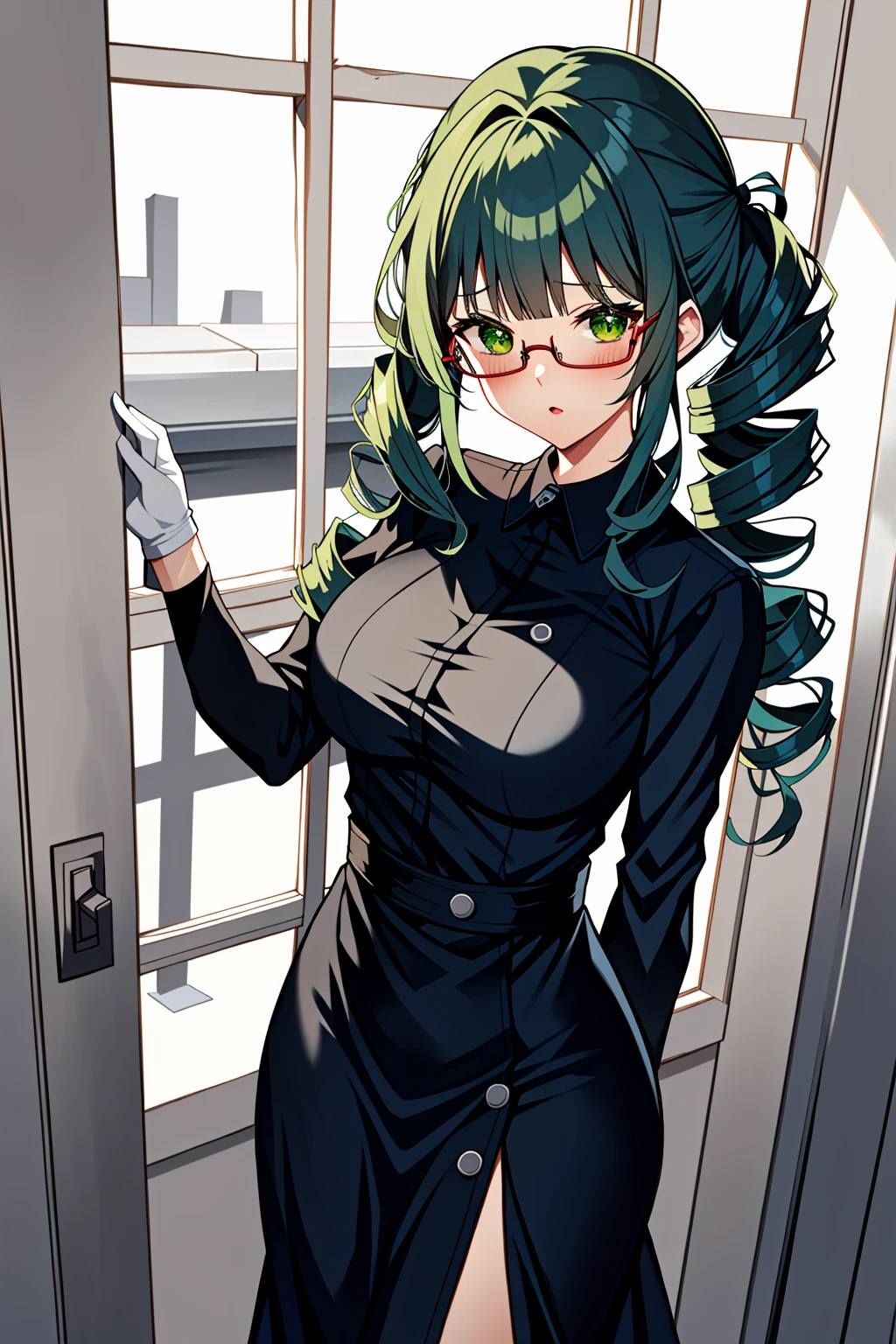 ((masterpiece, best quality, high quality)),1girl,  <lora:Natalie Griffin:0.7> (natalie griffin, oc ch8, 1girl, long hair, hair ornament, green eyes, glasses, blunt bangs, drill hair, twin drills, drill_curls, drill locks, mature_female, hairclip, dark blue hair), <lora:Long Skirt Nurse V2:0.8> (nurse_uniform_long_3, gloves, apron, nurse cap, nurse,long dress),