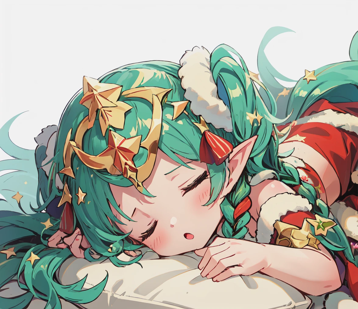 masterpiece, best quality, simple background, chibi, 1girl, solo, curled up, sleeping, :o, closed eyes, <lora:SothisFE3H-FEH-bsinky-v1:0.85> xmasSothis, long hair, hair ornament, dress, midriff, hair ribbon, pointy ears, twin braids, fur trim, tiara, christmas ornaments