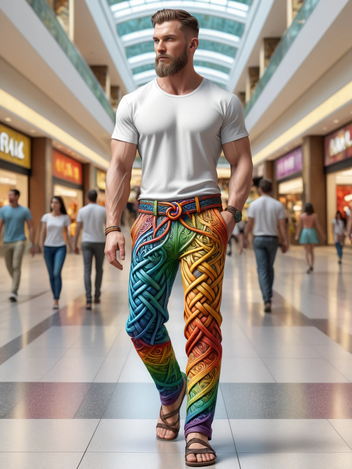 man wearing a colorful mad-viking-knot pants and white tshirt walking through mall, dynamic pose<lora:Colorful_Viking_Knot_SDXL:0.5>, (masterpiece:1.2), best quality, (hyperdetailed, highest detailed:1.2), high resolution textures