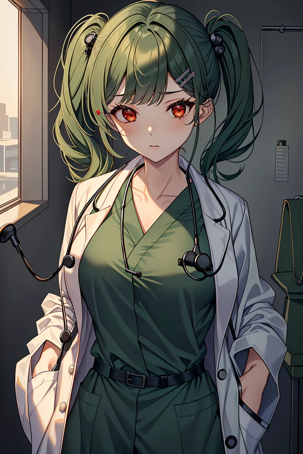 ((masterpiece, best quality, high quality)),1girl, <lora:Clare Sniders:0.7> (clare sniders, oc ch9, 1girl, hair ornament, red eyes, twintails, hairclip, swept bangs, hair over shoulder, dark green hair, medium hair, small breasts, sidelocks), <lora:Doctor Uniform V2:0.8> ((doctor_uniform, labcoat, stethoscope, doctor)),