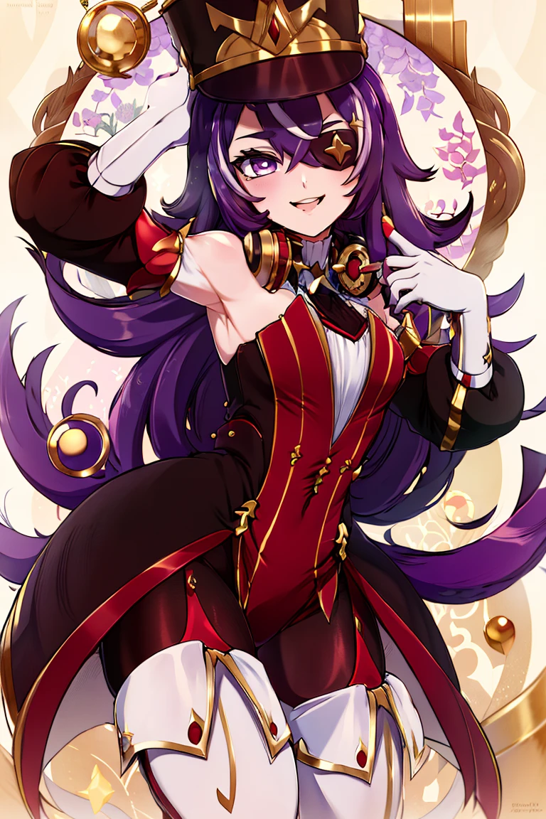 <lora:Merunyaa_Style_Dim32:0.8>,((masterpiece,best quality)), absurdres, <lora:Chevreuse_Genshin:0.8>,  Chevreuse_Genshin,  1girl, solo, long hair, purple hair, purple eyes, eyepatch, multicolored hair,  uniform, headphones around neck, white thigh boots, shako cap, dress, detached sleeves, gloves,  smile, looking at viewer, cowboy shot,