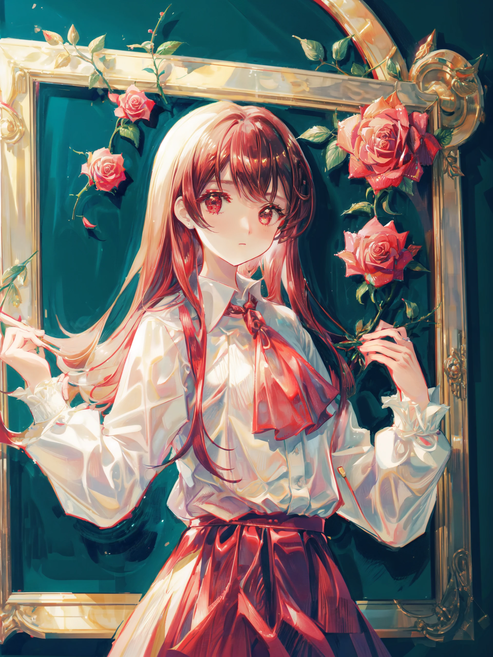 <lora:Ib2:0.8> IbG, 1girl, white shirt red skirt, picture frame, solo, photo \(medium\), upper body, rose, flower, holding rose, expressionless