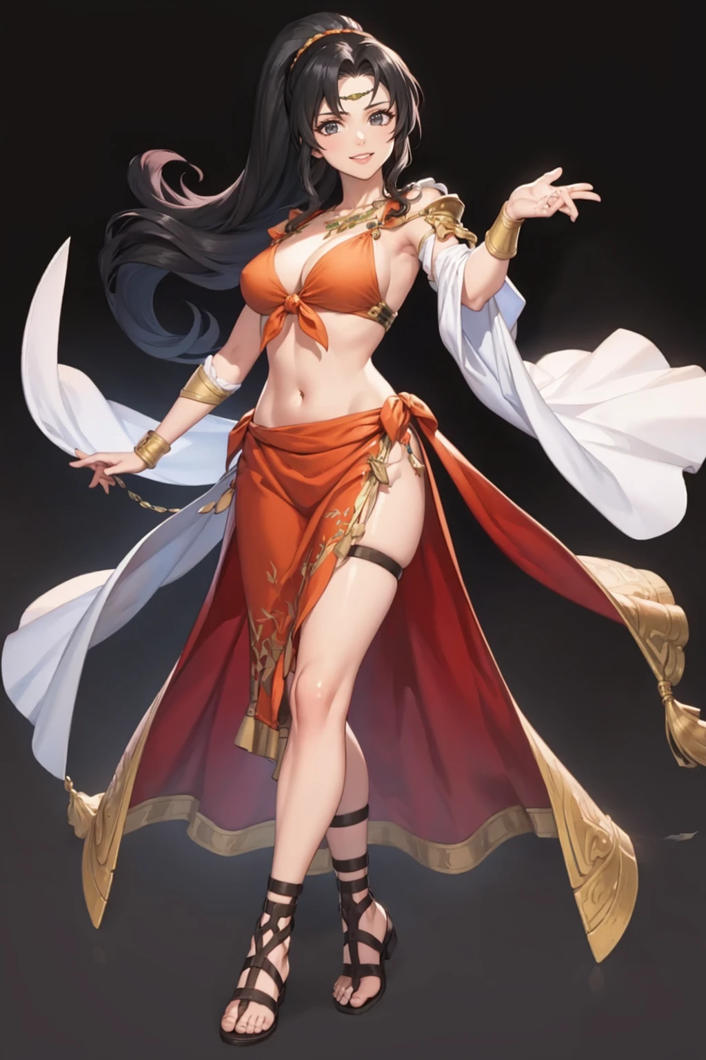 masterpiece, best quality, solo, 1girl, looking at viewer, smile, <lora:Laylea_Fp:0.9>, layleafe, midriff, dancer, ponytail, circlet, jewelry, cleavage, sandals, <lora:FEH_Concept_v2:1> feh, full body, simple background, black background,