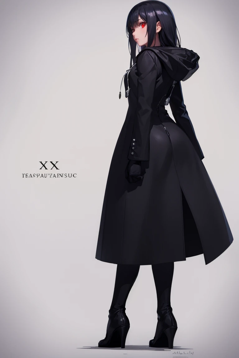 masterpiece, best quality, absurdres, 1girl, solo, Organization XIII Coat, hood down, <lora:OrganizationXIIICoat:1>, black hair, long hair, red eyes, from behind, looking back