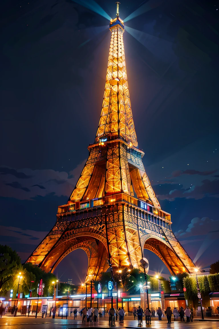 ((masterpiece,best quality)), absurdres <lora:Eiffel_Tower:0.8>, Eiffel_Tower, outdoors, sky, tree, no humans, night, night sky, scenery, light, lamppost, blue glow,