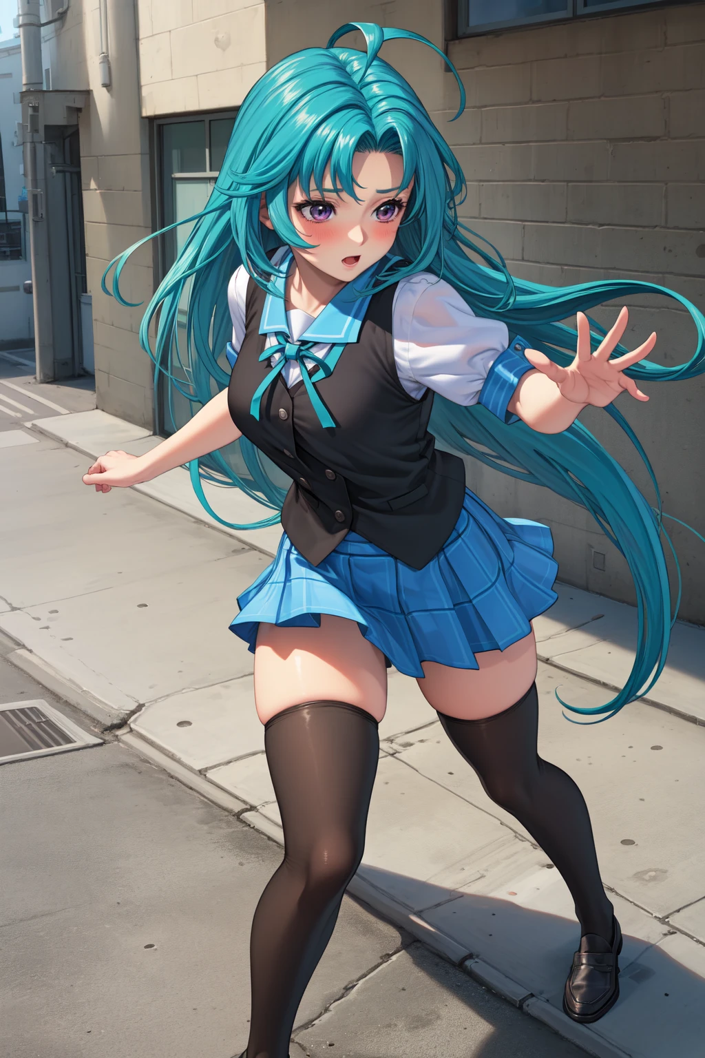 masterpiece, best quality, 1girl, solo, <lora:AkiyamaMiho_v1:0.75>, school yard, outdoors, running, full body, school uniform, purple eyes, short sleeves, blue sleeve ends, (black vest:1.2), green ribbon, brooch, teal hair, ahoge, (very long hair:1.5), blue skirt, pleated skirt, (plaid skirt:1.2), (black socks, thighhighs:1.2), uwabaki, zettai ryouiki, loafers, blush, hair intakes, (sailor collar:0.8)