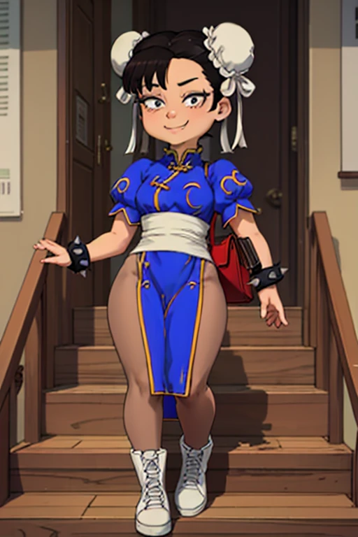 <lora:Akiko.AD-000009:0.5> akiko, 1girl, chun-li, solo, pantyhose, double bun, bun cover, spiked bracelet, hair bun, bracelet, chinese clothes, china dress, spikes, jewelry, dress, stairs, pelvic curtain, black hair, bag, sash, boots, white footwear, puffy sleeves, holding bag, style parody, puffy short sleeves, short sleeves smile,looking at viewer, american dad,dot pupils,