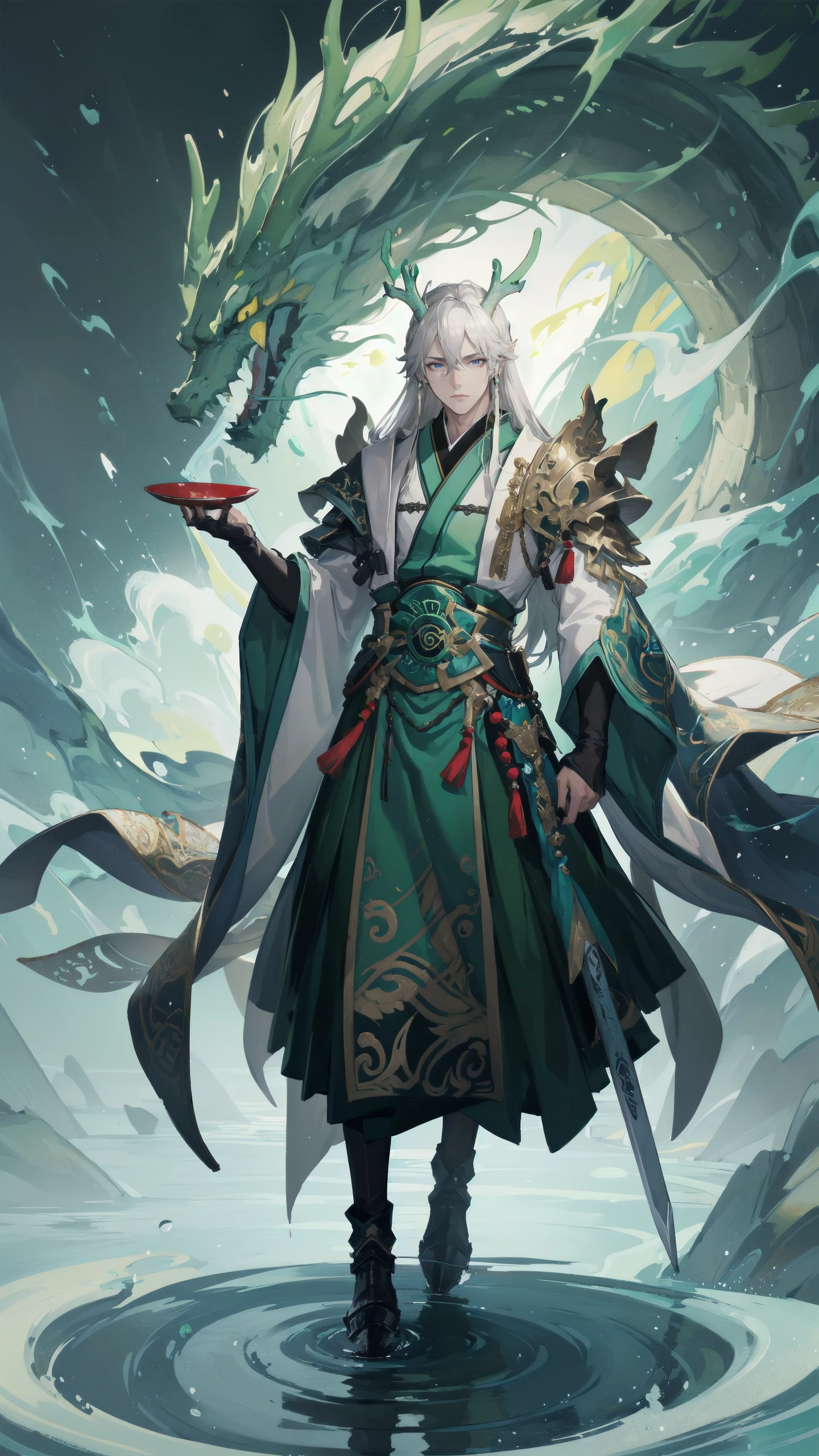 masterpiece,top quality,best quality,rich details,solo,1boy,male focus,long hair,weapon,sword,dragon,solo,sheath,holding,white hair,water,holding weapon,holding sword,chinese clothes,eastern dragon,full body,looking at viewer,horns,long sleeves,standing,unsheathing,wide sleeves,black footwear,reflection,cape,yellow eyes,hanfu,closed mouth,underwater,very long hair,bell,standing on liquid,sheathed,antlers,tassel,boots,holding sheath,scabbard,robe,hair between eyes,braid,fish,facial hair,beard,dragon boy,dragon horns,blue eyes,grey hair,grey eyes,jewelry,armor,ripples,japanese clothes,shoes,jingle bell,white cape,bangs,<lora:loong king010_1.0:0.7>,