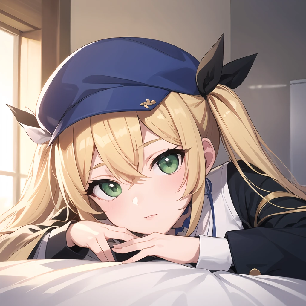 dokibird, blonde hair, green eyes, hair between eyes, long hair, looking at viewer, on bed, hand on own chin, lying,
jacket, hair ribbon, blue ribbon, choker, hat, layered dress, dress, blue dress, blue headwear, frills
<lora:dokibirdumceko-000004:1>, (masterpiece), (ultra-detailed), best quality, 8k